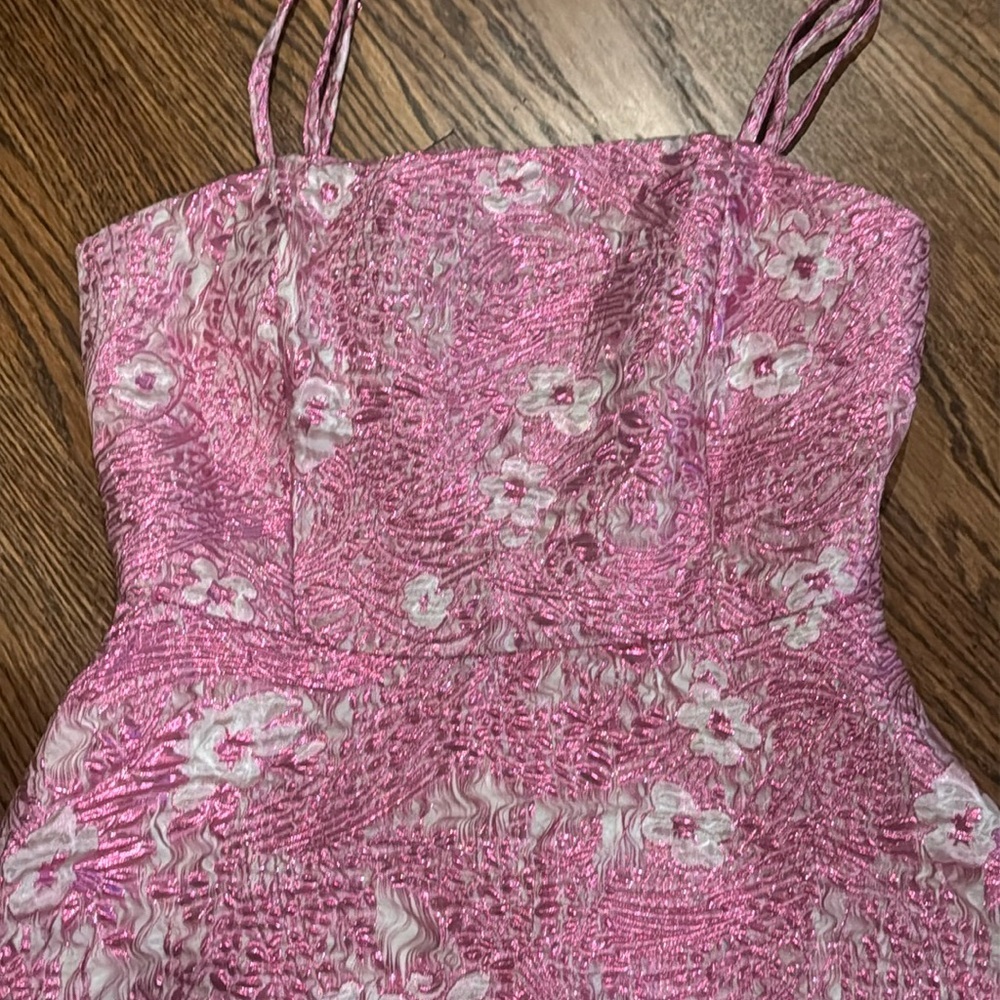 Lulus Dreamy Babe Pink Floral Jacquard Mini Skater Dress - Size S - Picture 5 of 5